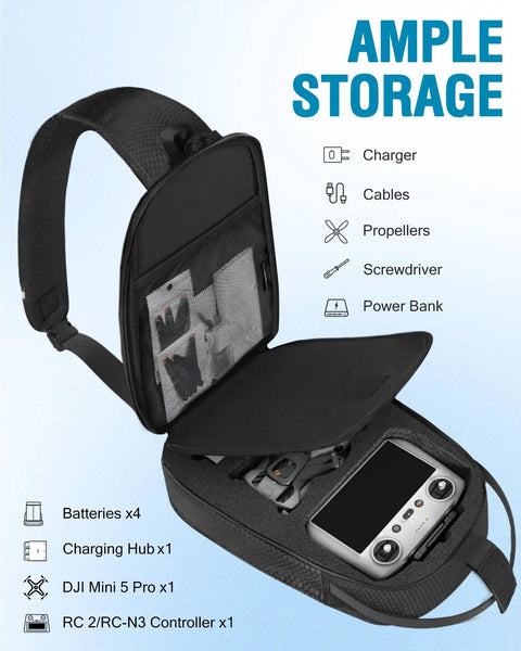 Interior view of On The Go Mini 5 Pro Case For DJI Drone And RC 2 Controller with compartments for batteries and accessories.