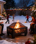 26 Inch Wood Burning Fire Pit With Cooking Grill And Spark Screen, Heavy Duty Steel Outdoor Firepit for cozy family gathering in snow