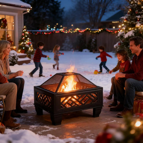 26 Inch Wood Burning Fire Pit With Cooking Grill And Spark Screen, Heavy Duty Steel Outdoor Firepit for cozy family gathering in snow