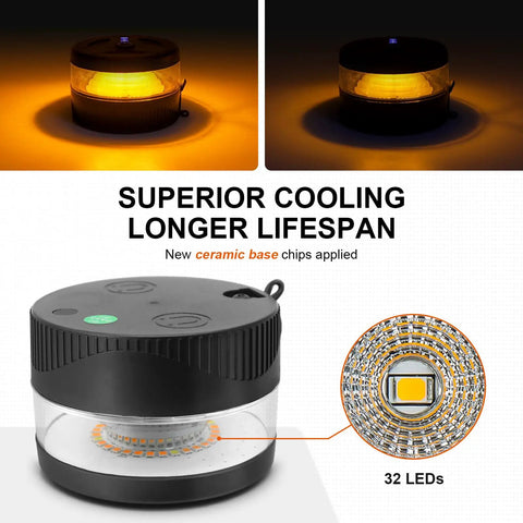 Magnetic Wireless Beacon Light With USB C Rechargeable LED Strobe For Trucks And Work Rigs Amber Emergency Flash Light Waterproof IP67 Portable Safety Beacon For Mail Trucks Plows Tractors UTVs And Golf Carts showing ceramic base chip and 32 LEDs