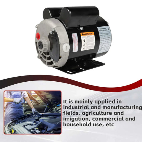 3HP Dual Voltage Air Compressor Electric Motor 115/230V 56 Frame, 5/8 Inch Shaft, CCW Rotation, 3450RPM, Single Phase in workshop setting