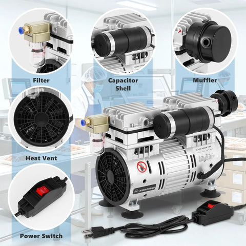 Heavy Duty Oil Free Vacuum Pump 750 Watt 7 Cfm 92 Kpa with filter, capacitor shell, and power switch for efficient use.