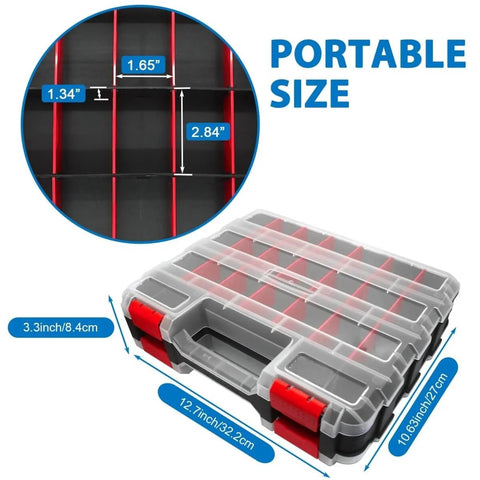 Portable carrying case for 337 Piece SAE And Metric Grease Fittings Replacement Kit, red and gray, clear lid, interior dimensions shown