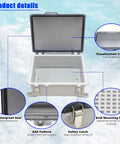 Rugged Outdoor Waterproof Electrical Junction Box with IP67 Weatherproof ABS Enclosure and Hinged Cover, 8.6x6.7x4.3 inches, features detailed.