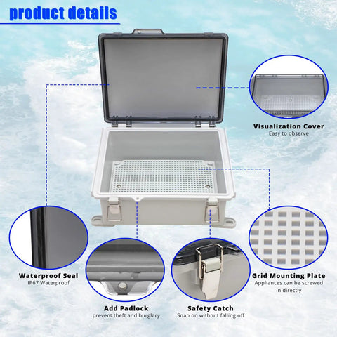 Rugged Outdoor Waterproof Electrical Junction Box with IP67 Weatherproof ABS Enclosure and Hinged Cover, 8.6x6.7x4.3 inches, features detailed.