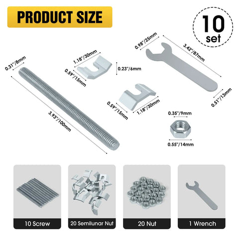 Heavy Duty Countertop Joint Connectors And Butcher Block Draw Bolts For Rock Solid Furniture Assembly No Sweat Installation Woodworker Hardware Kit Silver And Ten Pieces, showing ten component sizes and pieces.