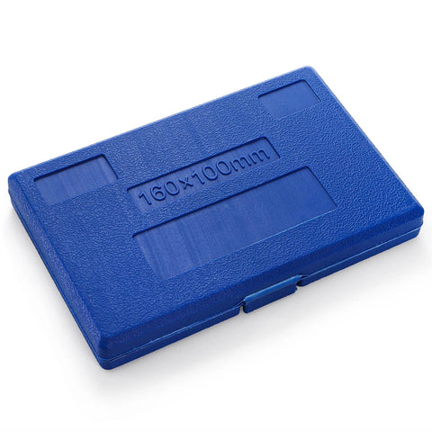 Blue plastic case for machinist square set, labeled 160x100mm.