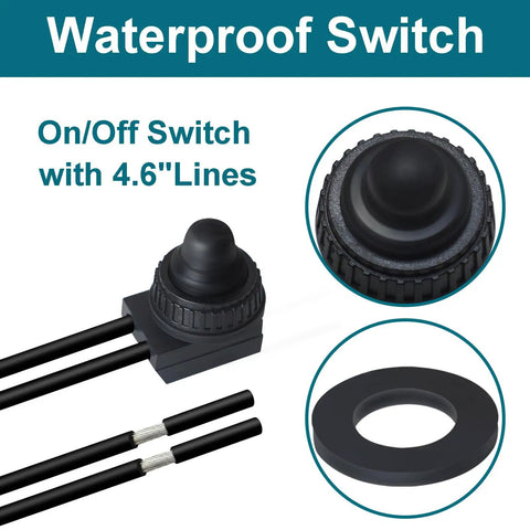 2 Pack 12V Waterproof Push Button Switch On Off SPST Push On Push Off Latching Button Switch With Copper Contacts And Sealed Housing Heavy Duty Automotive Marine Grade Replacement, black 10mm switch with 4.6in wires