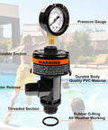 Front view of manual air relief valve with pool filter pressure gauge on black PVC body for spa and pool filtration