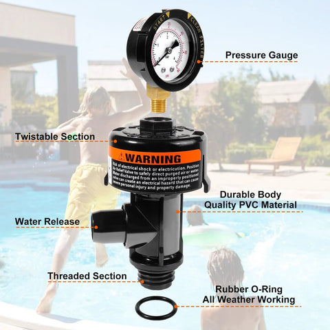 Front view of manual air relief valve with pool filter pressure gauge on black PVC body for spa and pool filtration