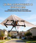 DIY Remote Control Paper Airplane Kit with Dual Propellers flying in a suburban backyard with clear blue sky.