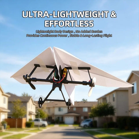 DIY Remote Control Paper Airplane Kit with Dual Propellers flying in a suburban backyard with clear blue sky.