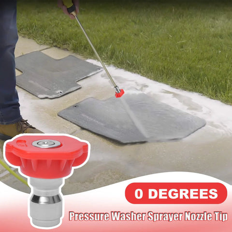 Front view of Podoy red 0-degree stainless steel pressure washer nozzle tip with 1/4 inch quick-connect