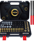 AKM 61-Pcs thread restorer kit in a black carrying case with UNC/UNF and metric thread chasers; includes three red-handled tools.