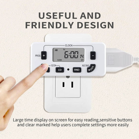 Drop Dead Simple 7 Day Programmable Digital Timer Outlet With 15 Amp Capacity displaying large time screen and control buttons.