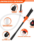 Front view of orange and black portable battery-powered siphon pump with 47-inch hose and on/off switch.