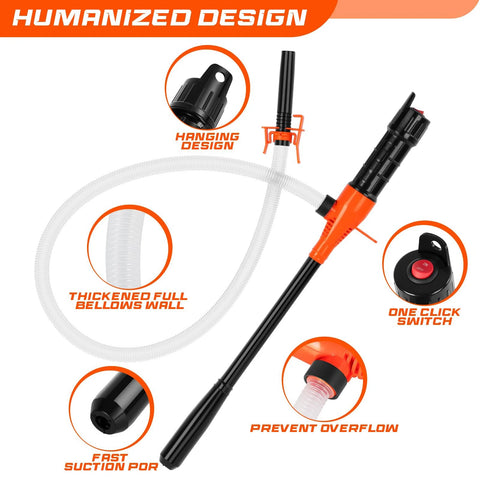 Front view of orange and black portable battery-powered siphon pump with 47-inch hose and on/off switch.