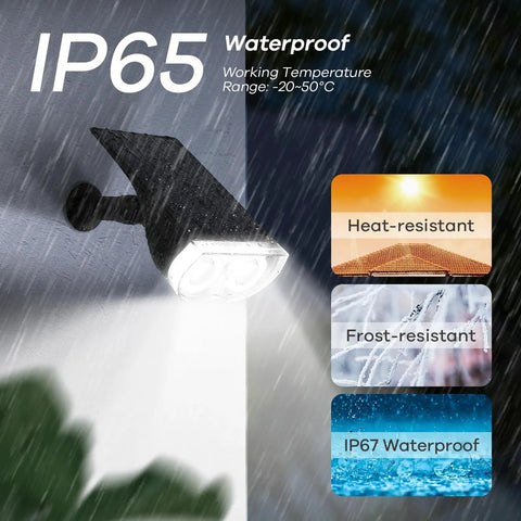 StarRay Dusk To Dawn Outdoor Solar Spot Lights IP65 waterproof showing heat, frost, and water resistance with light beam.