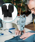 Tailor using sewing machine with Zipper Jig Tools Set Pro Grade Stainless Steel Quick Zipper Pull Tool displayed in circle inset.