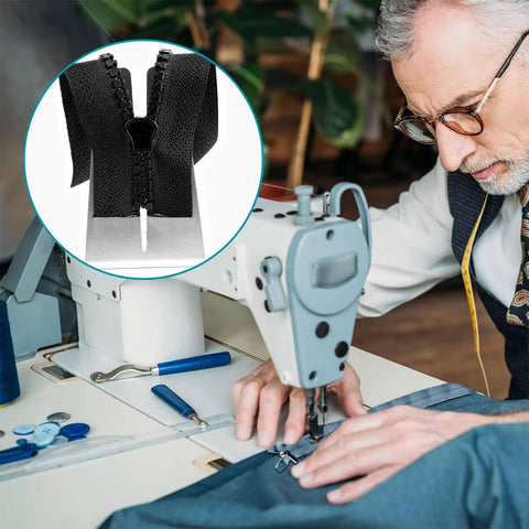 Tailor using sewing machine with Zipper Jig Tools Set Pro Grade Stainless Steel Quick Zipper Pull Tool displayed in circle inset.