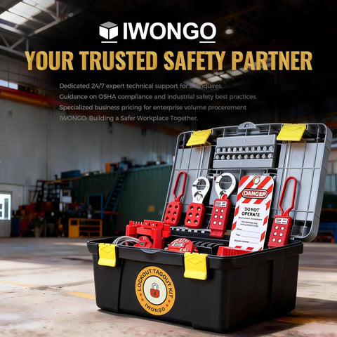 Hard Hat Approved 50 Piece Lockout Tagout Kit Featuring OSHA Compliant Safety Padlocks inside a durable black carrying case.