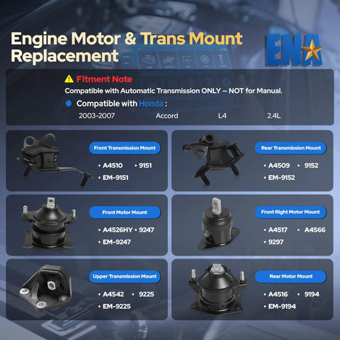 Image of Six Piece Drop In Engine And Transmission Mount Set For Honda Accord 2003 2007 2.4L Automatic Replacement Kit With Mounts Compatible With A4526HY A4517 A4516 A4510 A4509 A4542 showing individual engine and transmission mounts labeled by position and part numbers.