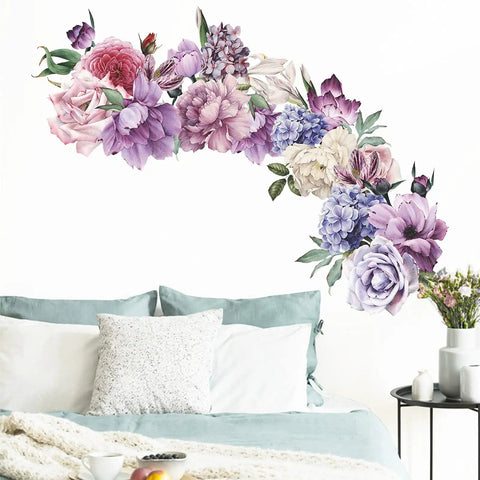 Giant Peony Wall Decals Four Piece Set With Watercolor Rose Blooms above bed in living room