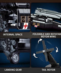 Close-up of Black Hawk Inspired Helicopter Building Set showing foldable tail rotor, landing gear, and internal details.