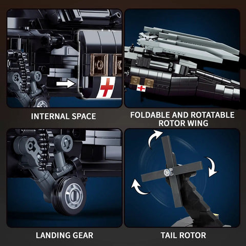 Close-up of Black Hawk Inspired Helicopter Building Set showing foldable tail rotor, landing gear, and internal details.