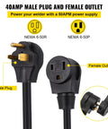 Close-up of Heavy Duty 50 Foot Welder Extension Cord 40 Amp 250 Volt 10 Gauge NEMA 6-50 with male plug and female outlet