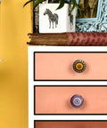 Ceramic cabinet knobs set with vintage look hand painted multicolor mandala designs on dresser with decor, 1.50 in diameter