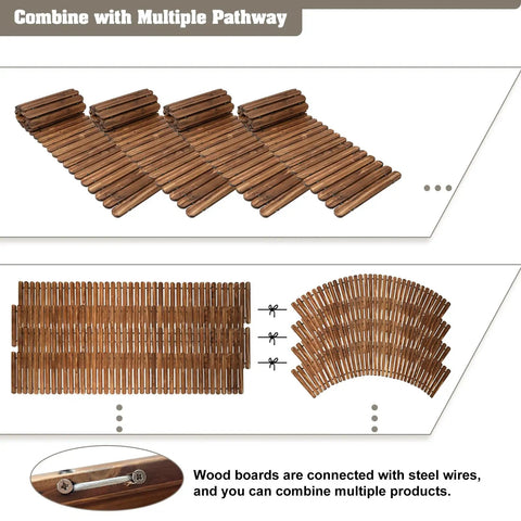 6 Ft Roll Out Garden Pathway Straight Non Slip Wooden Walkway With Rounded Edges shown with expandable curved kit