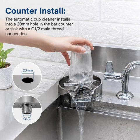 Slick Automatic Glass Rinser Head Powered By Standard Faucet Pressure For Quick Hands Free Cup Cleaning Heavy Duty Sink Attachment installed with a glass under rinsing water.