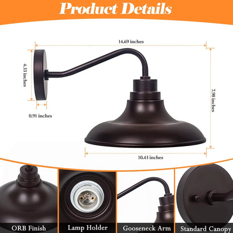 Outdoor Barn Light Fixture 2 Pack Gooseneck Wall Lanterns Oil Rubbed Bronze dimensions and details