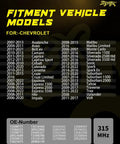 Fitment vehicle models chart for Preprogrammed 315Mhz Tire Pressure Monitoring System Sensors For Gmc Terrain Sierra.