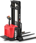 Heavy Duty Electric Pallet Stacker With Stand, 4400 Lbs Capacity, 216 Inch Lift, Adjustable Forks, Fixed Straddle Legs
