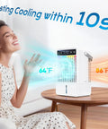 Portable 1500ml Tank Mini Evaporative Air Cooler With Remote And 2 To 10H Timer 5 Speeds Personal AC Fan on a table.