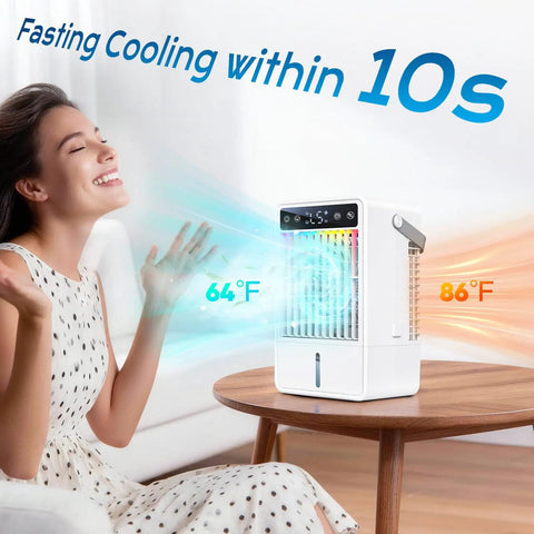 Portable 1500ml Tank Mini Evaporative Air Cooler With Remote And 2 To 10H Timer 5 Speeds Personal AC Fan on a table.