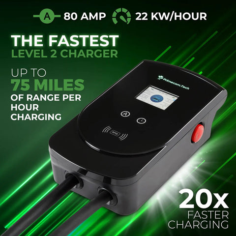 Beefy 277 To 480V Level 2 EV Charger, 80 Amp, J1772 Plug, Single Phase Power, Up To 50 Ft Cord, promotes fast charging with graphics