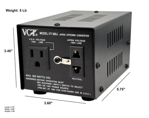 Japanese To US Voltage Transformer Step Up Down Converter 100V To 110V 500W Continuous Use For Home Electronics, black rectangular device with outlets.
