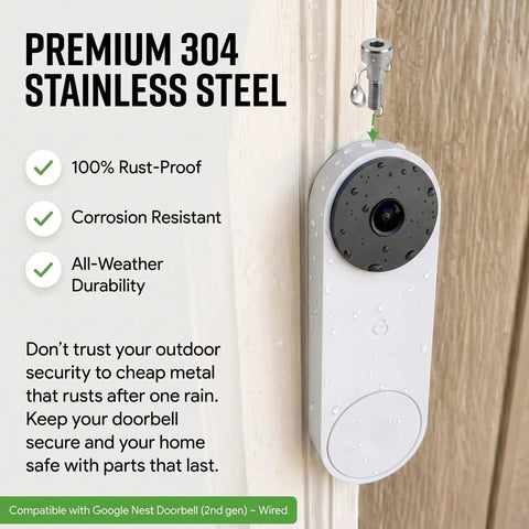 Heavy Duty 2 Pack Replacement Security Mounting Screws For Google Nest Wired Doorbell Second Gen installed on a wall, showcasing premium 304 stainless steel.