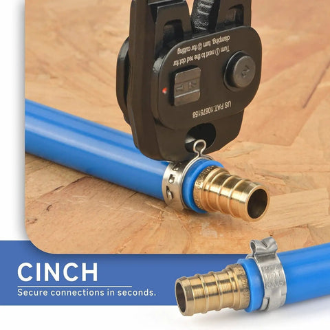 Cinch and Crimp Ratchet PEX Tool securing a 1/2 inch stainless steel clamp on blue PEX pipe with brass fitting