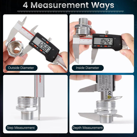 Go-To 6 Inch Digital Caliper With Large LCD Screen And Millimeter Readouts measuring outside, inside, depth, and step dimensions