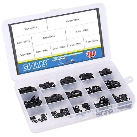 Must Have External E Clip Retaining Ring Washer Assortment Kit in alloy steel, 300 piece set in plastic storage box