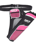 Pink and black Archery Hip Quiver With Three Detachable Arrow Tubes, Adjustable Nylon Arrow Holder Pockets shown with belt clip.