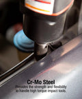 Cr-Mo steel socket in use with impact tool, from Beefy Half Inch Drive Master Impact Socket Set 39 Piece 9mm-30mm Standard and Deep