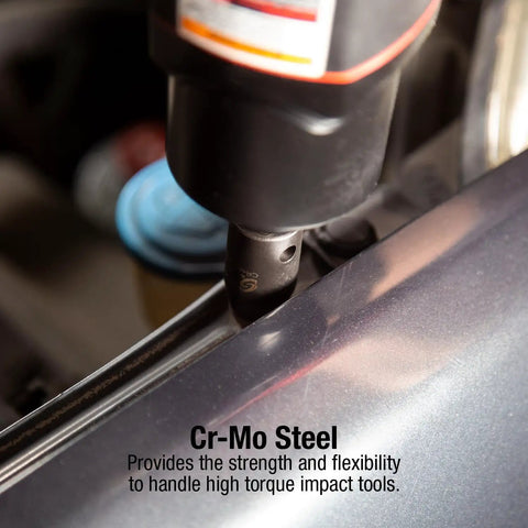 Cr-Mo steel socket in use with impact tool, from Beefy Half Inch Drive Master Impact Socket Set 39 Piece 9mm-30mm Standard and Deep
