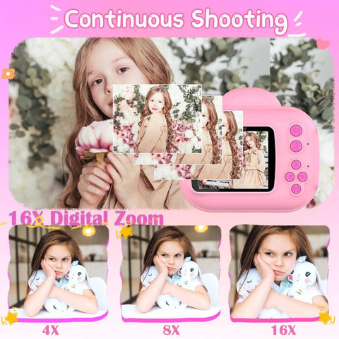 Instant Print Kids Camera For Girls And Grandkids With 1080P HD Video Easy To Use Toy Camera Thermal Printer Includes SD Card Pink Color Perfect Gift For Ages Four Through Ten, pink kids camera with 16x zoom