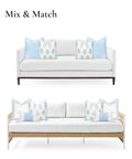 Two sofas with Coastal Throw Pillow Cover 18x18 Inches Water Repellent Indoor Outdoor Cushion Cover In Baby Blue Green Floral With Piping.