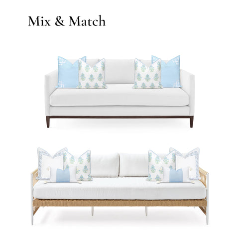 Two sofas with Coastal Throw Pillow Cover 18x18 Inches Water Repellent Indoor Outdoor Cushion Cover In Baby Blue Green Floral With Piping.